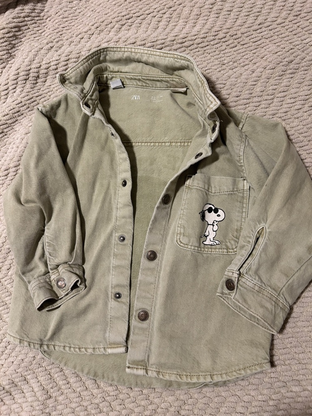 Zara Olive Green Snoopy Patch Jean Jacket